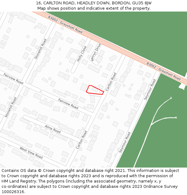 16, CARLTON ROAD, HEADLEY DOWN, BORDON, GU35 8JW: Location map and indicative extent of plot