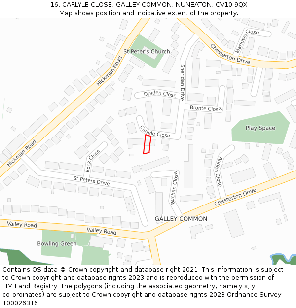 16, CARLYLE CLOSE, GALLEY COMMON, NUNEATON, CV10 9QX: Location map and indicative extent of plot