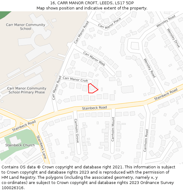16, CARR MANOR CROFT, LEEDS, LS17 5DP: Location map and indicative extent of plot