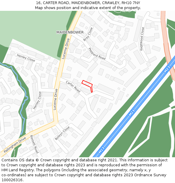 16, CARTER ROAD, MAIDENBOWER, CRAWLEY, RH10 7NY: Location map and indicative extent of plot