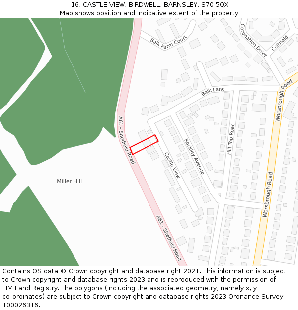 16, CASTLE VIEW, BIRDWELL, BARNSLEY, S70 5QX: Location map and indicative extent of plot