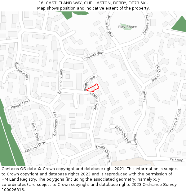 16, CASTLELAND WAY, CHELLASTON, DERBY, DE73 5XU: Location map and indicative extent of plot