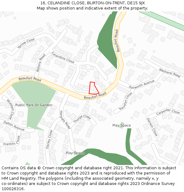 16, CELANDINE CLOSE, BURTON-ON-TRENT, DE15 9JX: Location map and indicative extent of plot