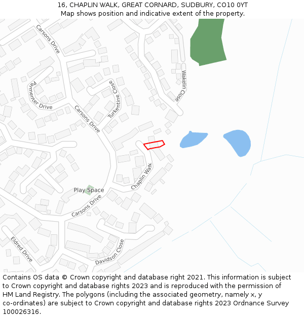 16, CHAPLIN WALK, GREAT CORNARD, SUDBURY, CO10 0YT: Location map and indicative extent of plot