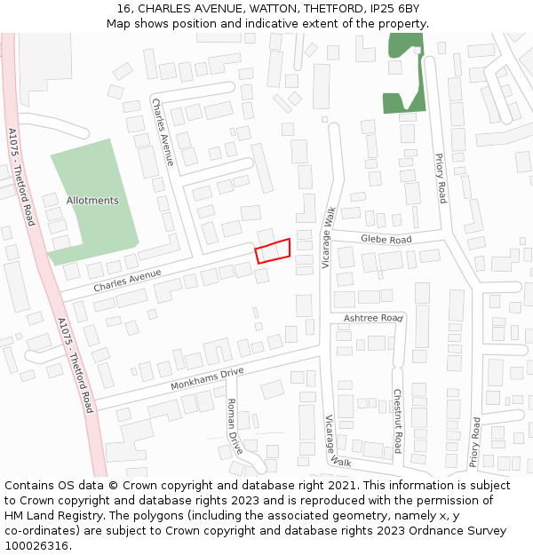 16, CHARLES AVENUE, WATTON, THETFORD, IP25 6BY: Location map and indicative extent of plot