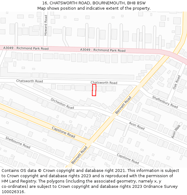 16, CHATSWORTH ROAD, BOURNEMOUTH, BH8 8SW: Location map and indicative extent of plot