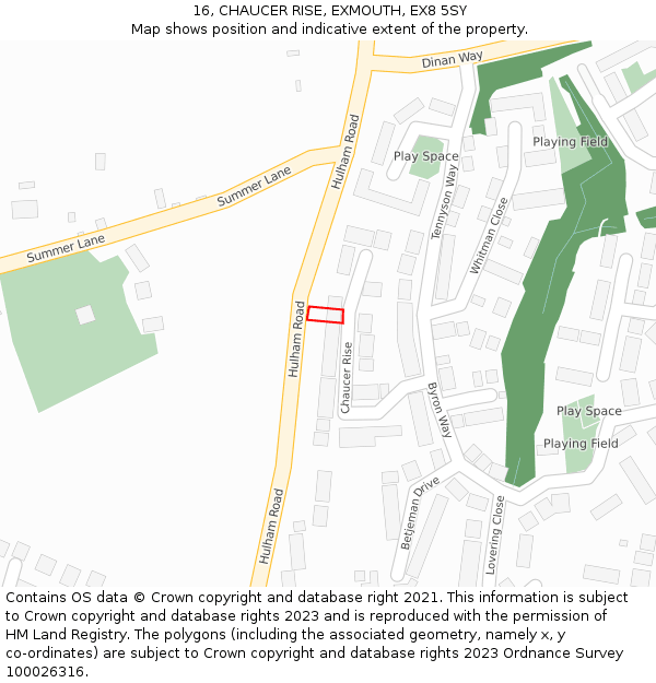 16, CHAUCER RISE, EXMOUTH, EX8 5SY: Location map and indicative extent of plot