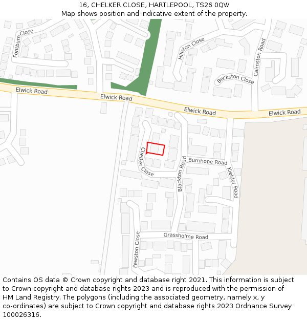 16, CHELKER CLOSE, HARTLEPOOL, TS26 0QW: Location map and indicative extent of plot