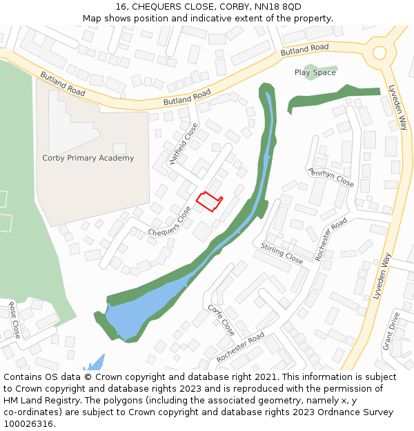 16, CHEQUERS CLOSE, CORBY, NN18 8QD: Location map and indicative extent of plot