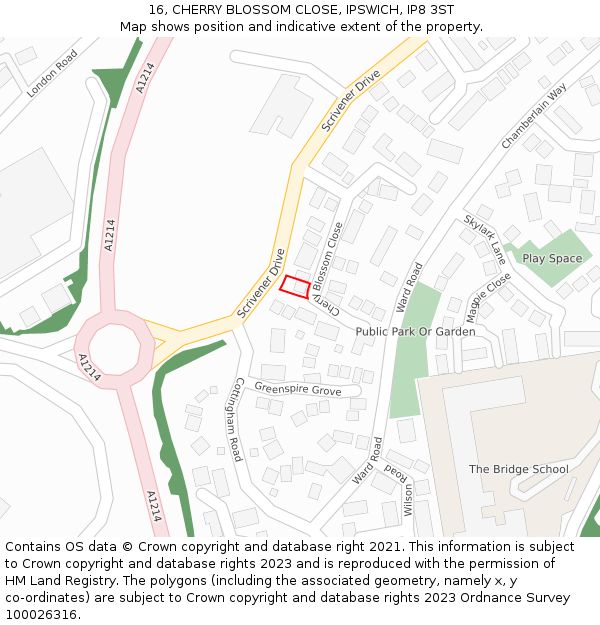 16, CHERRY BLOSSOM CLOSE, IPSWICH, IP8 3ST: Location map and indicative extent of plot