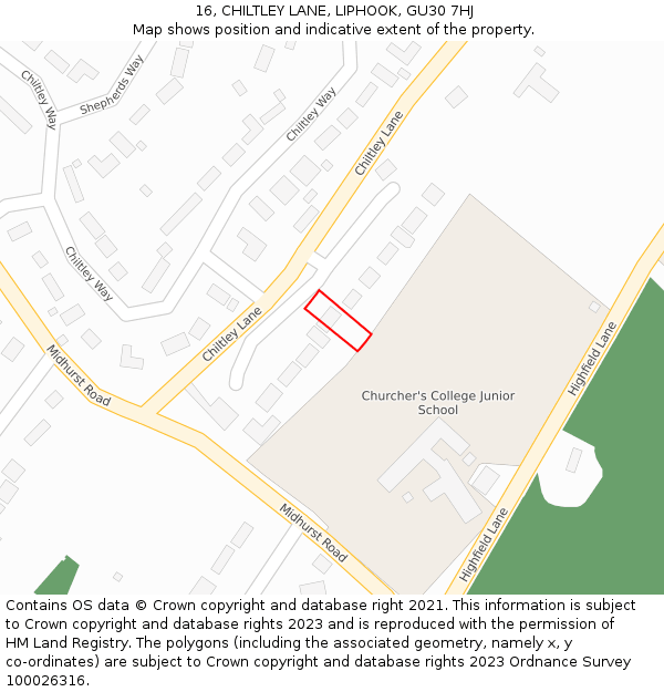 16, CHILTLEY LANE, LIPHOOK, GU30 7HJ: Location map and indicative extent of plot