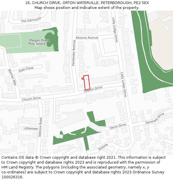 16, CHURCH DRIVE, ORTON WATERVILLE, PETERBOROUGH, PE2 5EX: Location map and indicative extent of plot