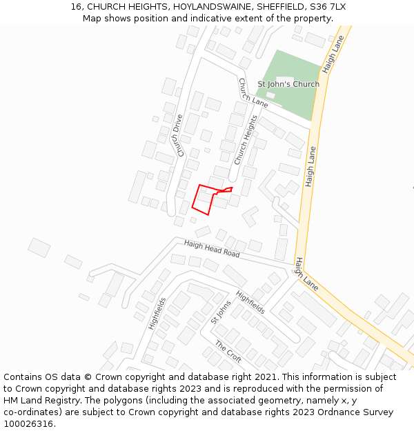 16, CHURCH HEIGHTS, HOYLANDSWAINE, SHEFFIELD, S36 7LX: Location map and indicative extent of plot