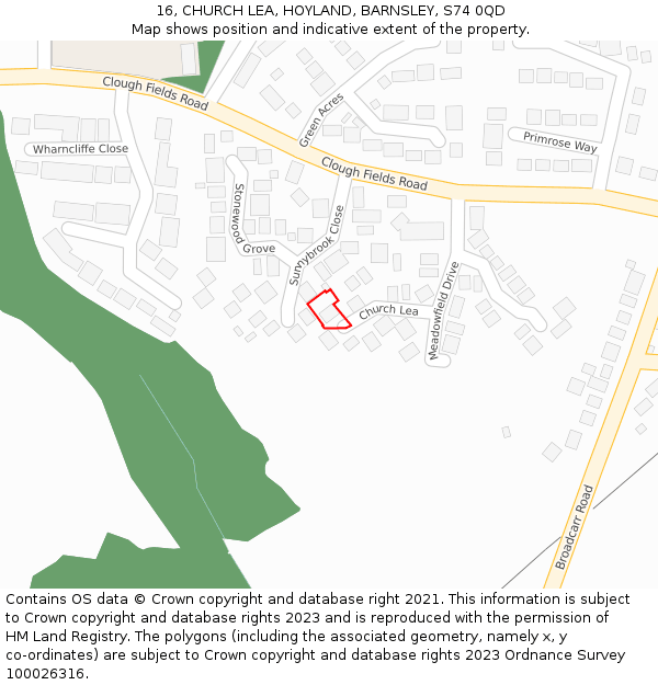 16, CHURCH LEA, HOYLAND, BARNSLEY, S74 0QD: Location map and indicative extent of plot