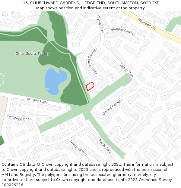 16, CHURCHWARD GARDENS, HEDGE END, SOUTHAMPTON, SO30 2XP: Location map and indicative extent of plot