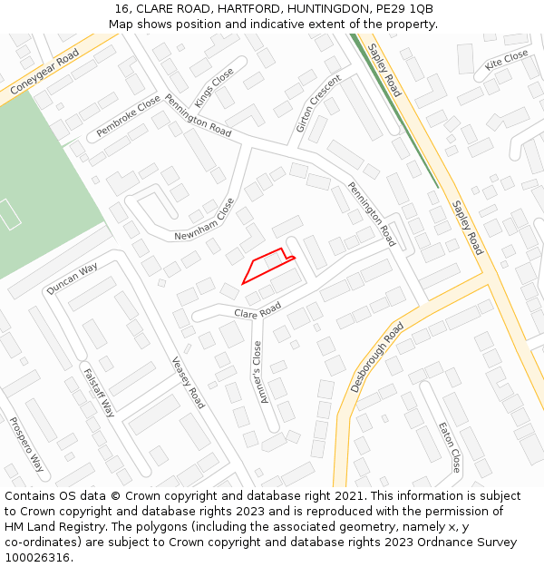 16, CLARE ROAD, HARTFORD, HUNTINGDON, PE29 1QB: Location map and indicative extent of plot