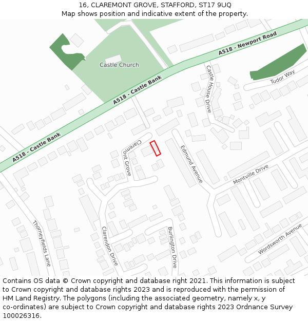 16, CLAREMONT GROVE, STAFFORD, ST17 9UQ: Location map and indicative extent of plot