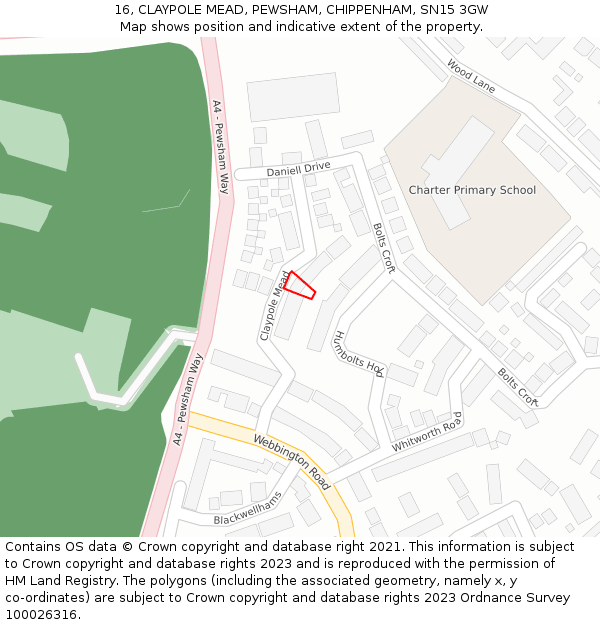 16, CLAYPOLE MEAD, PEWSHAM, CHIPPENHAM, SN15 3GW: Location map and indicative extent of plot
