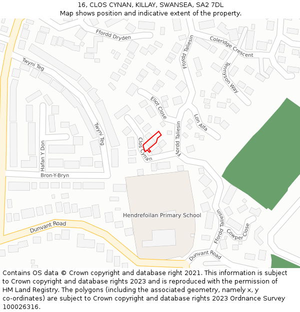 16, CLOS CYNAN, KILLAY, SWANSEA, SA2 7DL: Location map and indicative extent of plot