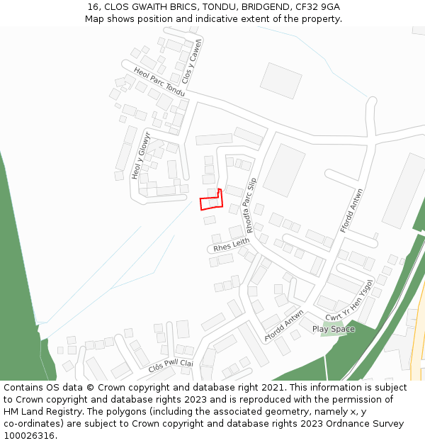 16, CLOS GWAITH BRICS, TONDU, BRIDGEND, CF32 9GA: Location map and indicative extent of plot