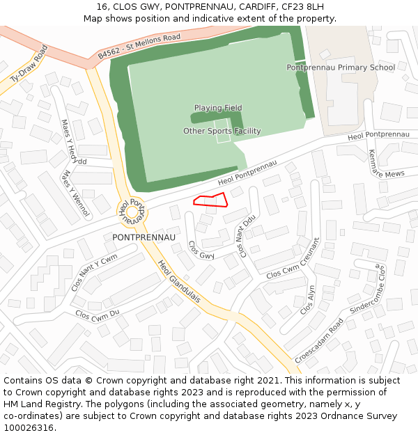 16, CLOS GWY, PONTPRENNAU, CARDIFF, CF23 8LH: Location map and indicative extent of plot