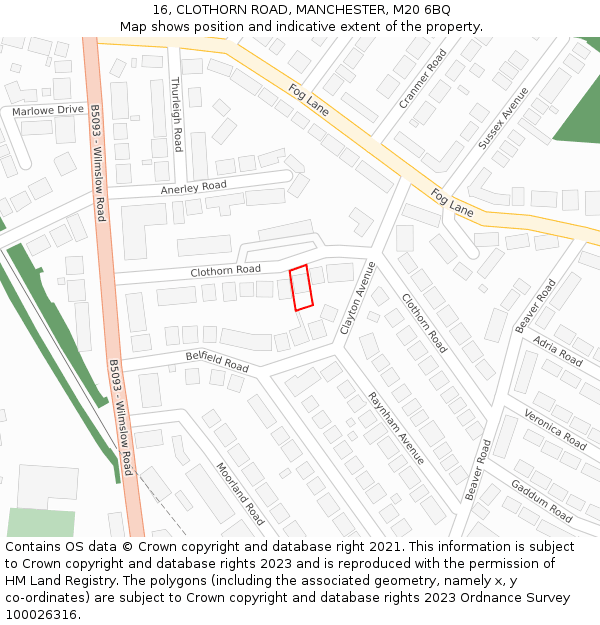 16, CLOTHORN ROAD, MANCHESTER, M20 6BQ: Location map and indicative extent of plot