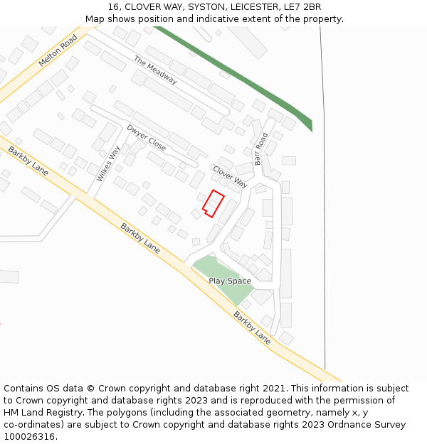 16, CLOVER WAY, SYSTON, LEICESTER, LE7 2BR: Location map and indicative extent of plot
