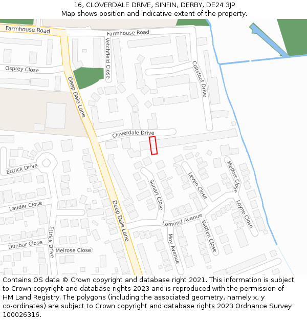 16, CLOVERDALE DRIVE, SINFIN, DERBY, DE24 3JP: Location map and indicative extent of plot