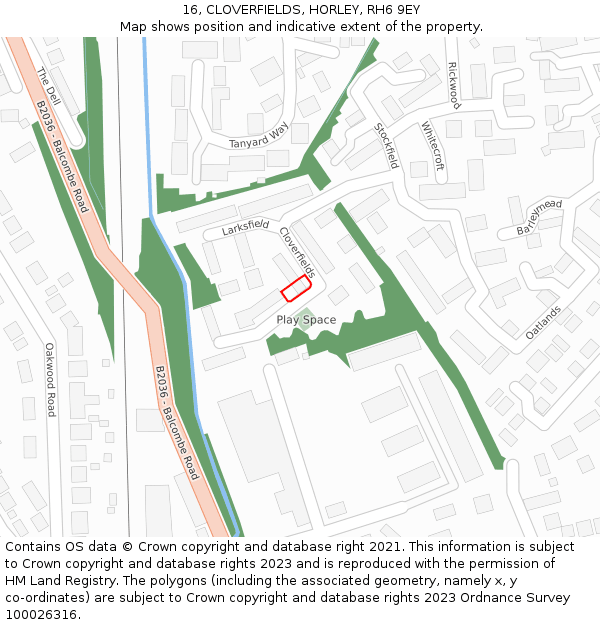16, CLOVERFIELDS, HORLEY, RH6 9EY: Location map and indicative extent of plot