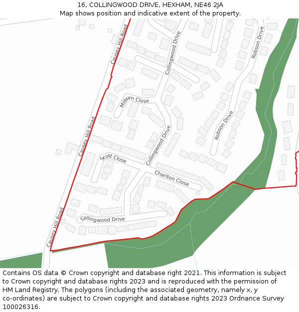 16, COLLINGWOOD DRIVE, HEXHAM, NE46 2JA: Location map and indicative extent of plot