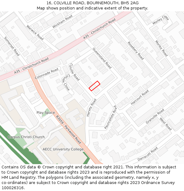 16, COLVILLE ROAD, BOURNEMOUTH, BH5 2AG: Location map and indicative extent of plot