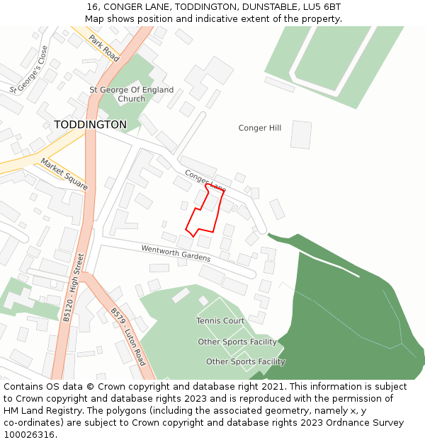 16, CONGER LANE, TODDINGTON, DUNSTABLE, LU5 6BT: Location map and indicative extent of plot