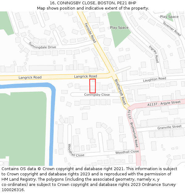 16, CONINGSBY CLOSE, BOSTON, PE21 8HP: Location map and indicative extent of plot