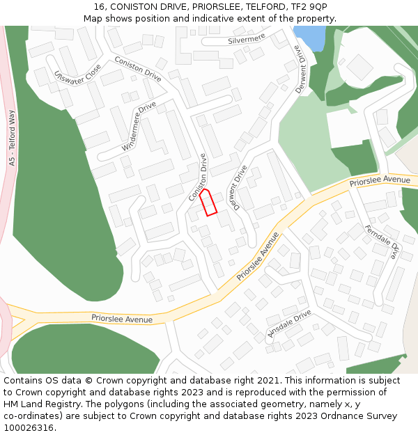 16, CONISTON DRIVE, PRIORSLEE, TELFORD, TF2 9QP: Location map and indicative extent of plot