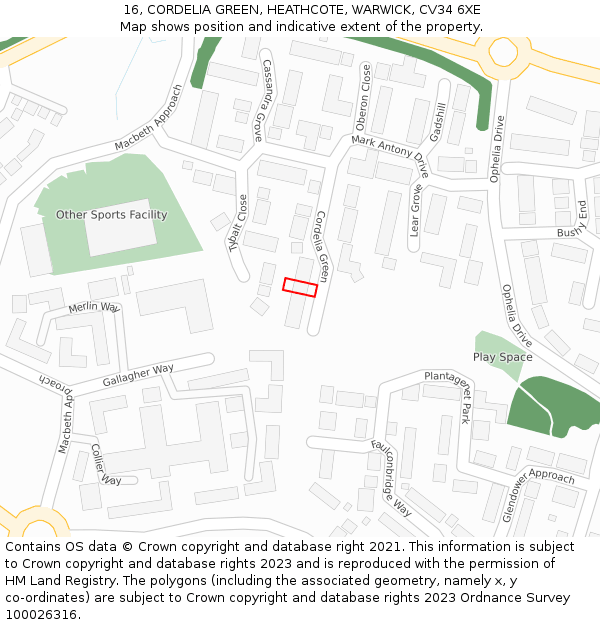16, CORDELIA GREEN, HEATHCOTE, WARWICK, CV34 6XE: Location map and indicative extent of plot