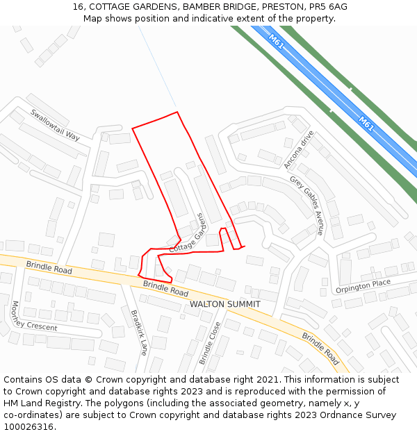 16, COTTAGE GARDENS, BAMBER BRIDGE, PRESTON, PR5 6AG: Location map and indicative extent of plot