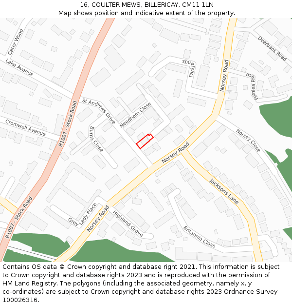 16, COULTER MEWS, BILLERICAY, CM11 1LN: Location map and indicative extent of plot
