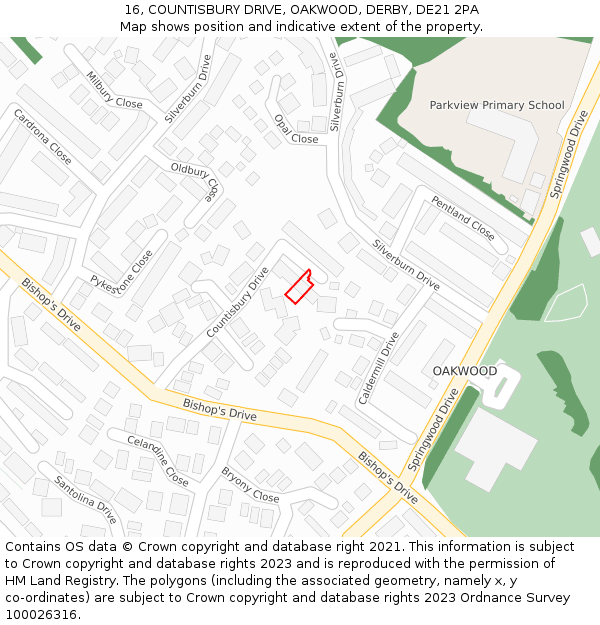16, COUNTISBURY DRIVE, OAKWOOD, DERBY, DE21 2PA: Location map and indicative extent of plot