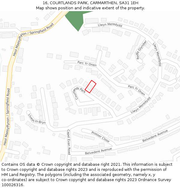 16, COURTLANDS PARK, CARMARTHEN, SA31 1EH: Location map and indicative extent of plot