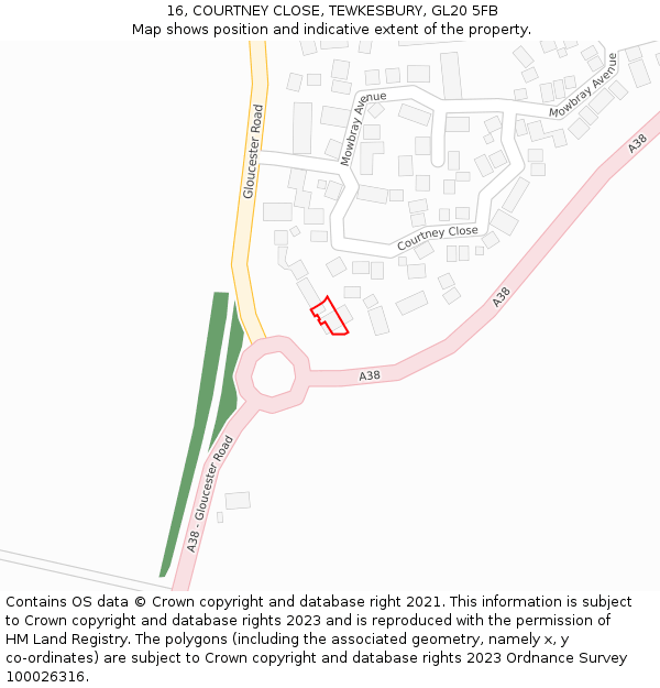 16, COURTNEY CLOSE, TEWKESBURY, GL20 5FB: Location map and indicative extent of plot