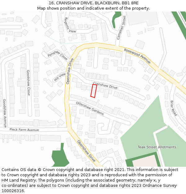 16, CRANSHAW DRIVE, BLACKBURN, BB1 8RE: Location map and indicative extent of plot