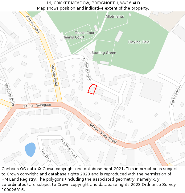 16, CRICKET MEADOW, BRIDGNORTH, WV16 4LB: Location map and indicative extent of plot