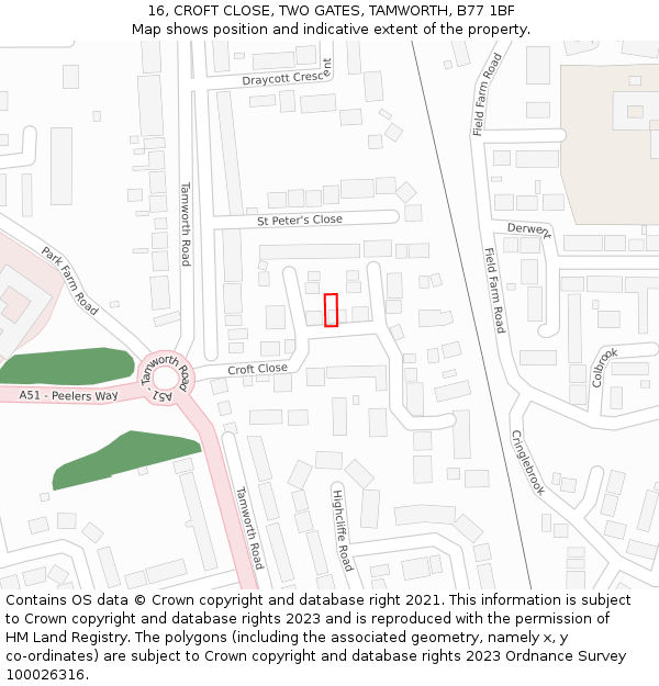 16, CROFT CLOSE, TWO GATES, TAMWORTH, B77 1BF: Location map and indicative extent of plot
