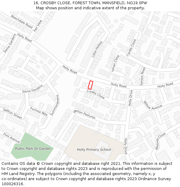 16, CROSBY CLOSE, FOREST TOWN, MANSFIELD, NG19 0PW: Location map and indicative extent of plot