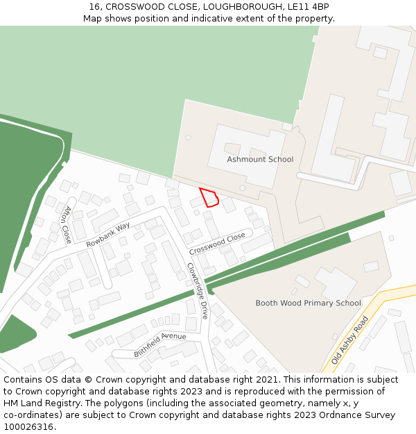 16, CROSSWOOD CLOSE, LOUGHBOROUGH, LE11 4BP: Location map and indicative extent of plot