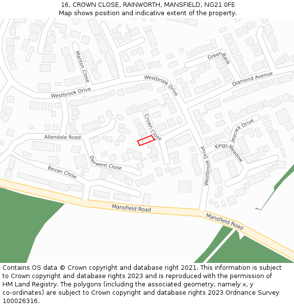 16, CROWN CLOSE, RAINWORTH, MANSFIELD, NG21 0FE: Location map and indicative extent of plot