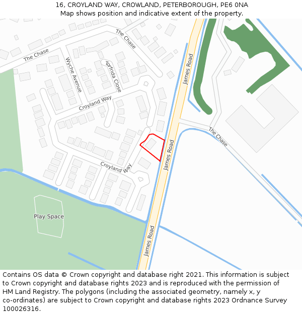 16, CROYLAND WAY, CROWLAND, PETERBOROUGH, PE6 0NA: Location map and indicative extent of plot