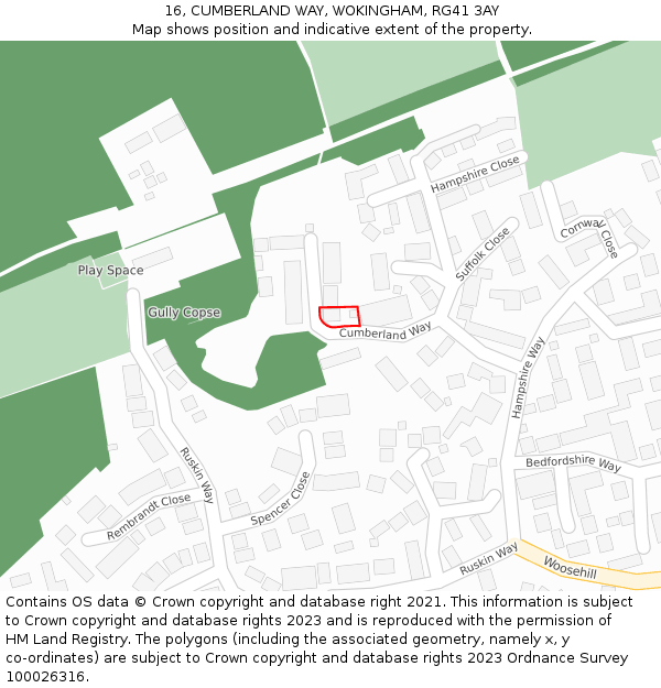 16, CUMBERLAND WAY, WOKINGHAM, RG41 3AY: Location map and indicative extent of plot