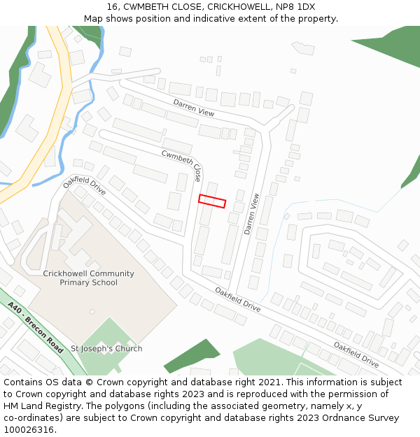 16, CWMBETH CLOSE, CRICKHOWELL, NP8 1DX: Location map and indicative extent of plot