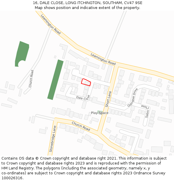 16, DALE CLOSE, LONG ITCHINGTON, SOUTHAM, CV47 9SE: Location map and indicative extent of plot